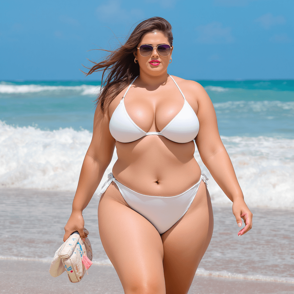 AI generated: arafed woman in a white bikini walking on a beach, thick body, photorealistic perfect body, perfect ...