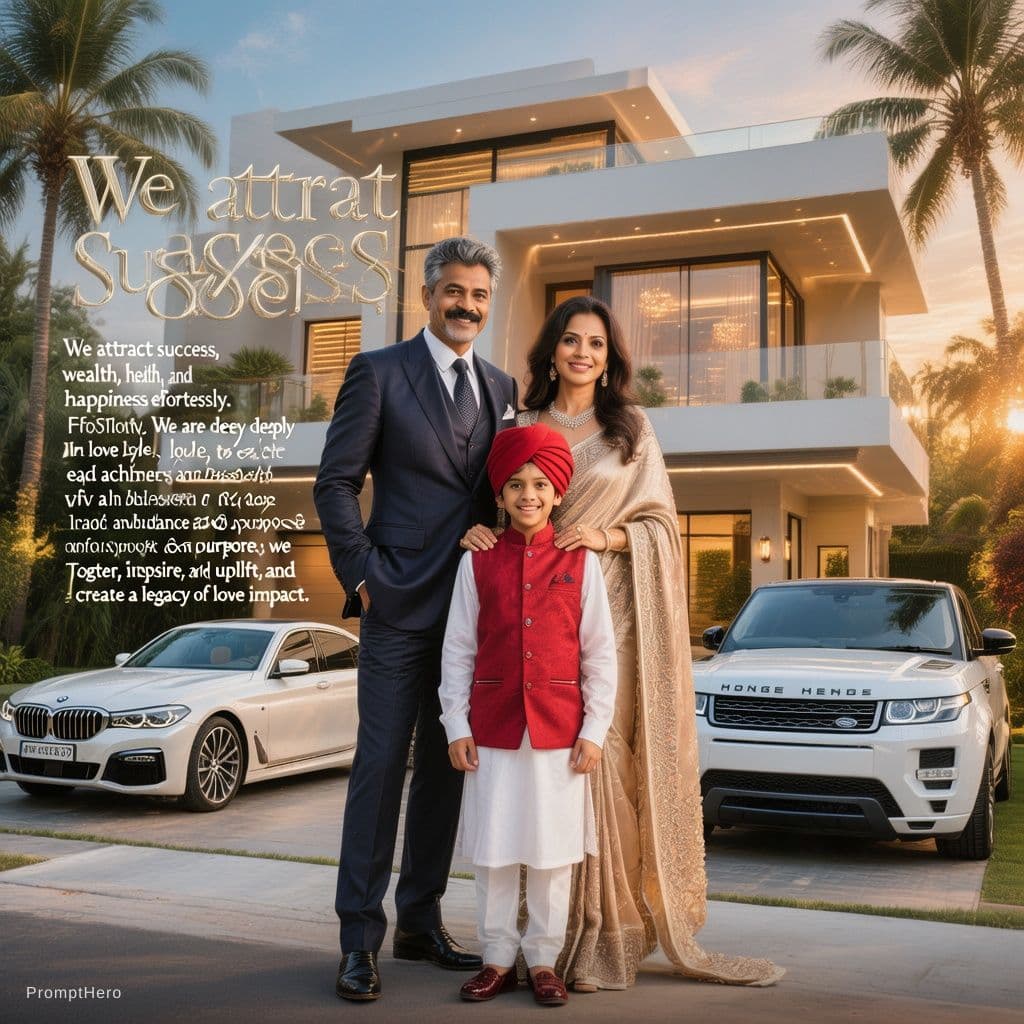 AI generated: Ultra-realistic luxury Indian family affirmation portrait, full-length family of three standing toge...