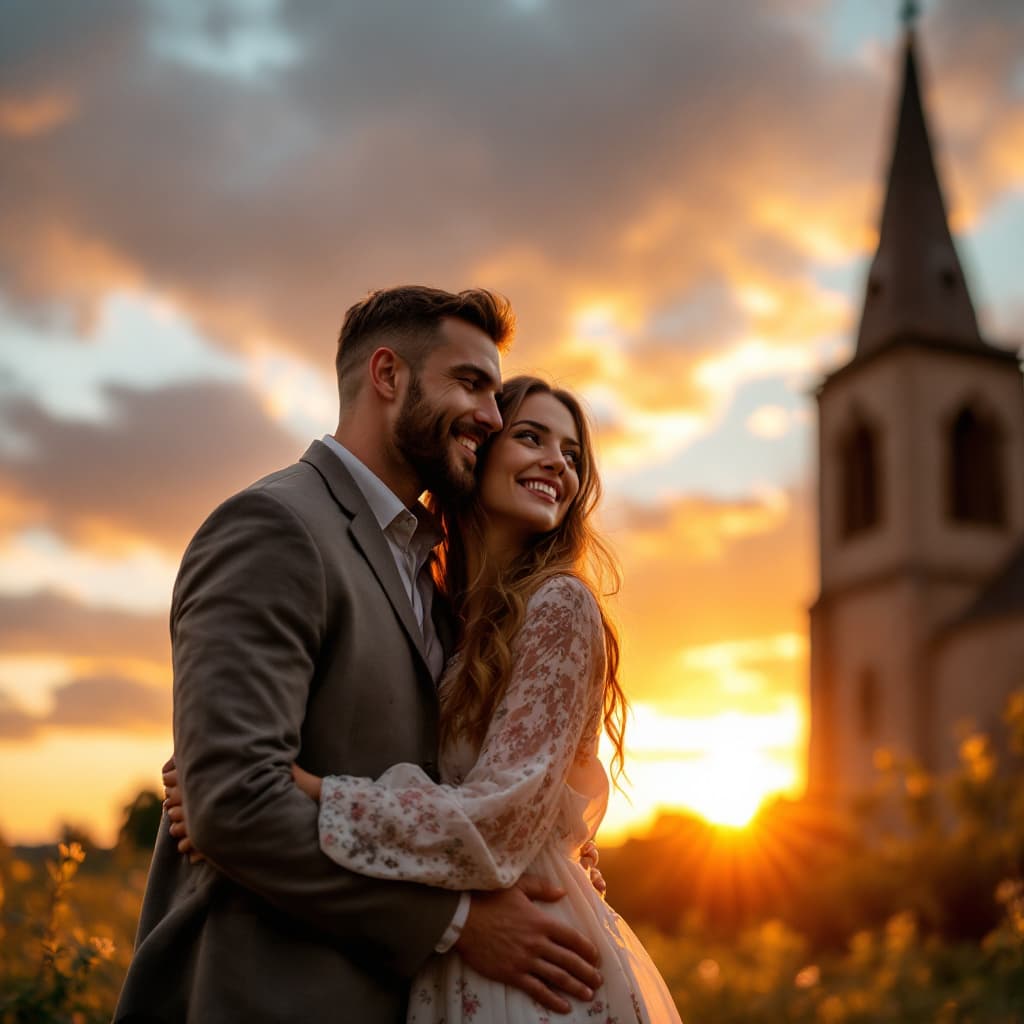 AI generated: beautiful 40yo women near a church during sunset. standing with a man