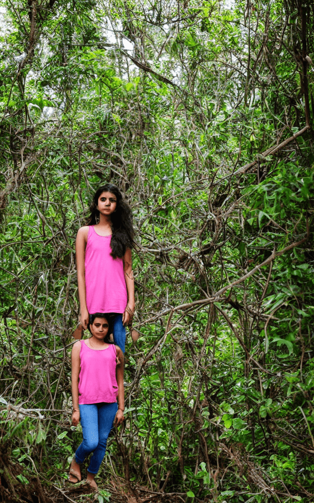 AI generated: A 17 year old Indian girl is posing in a natural trail in a jungle , she is wearing a loose pink tan...