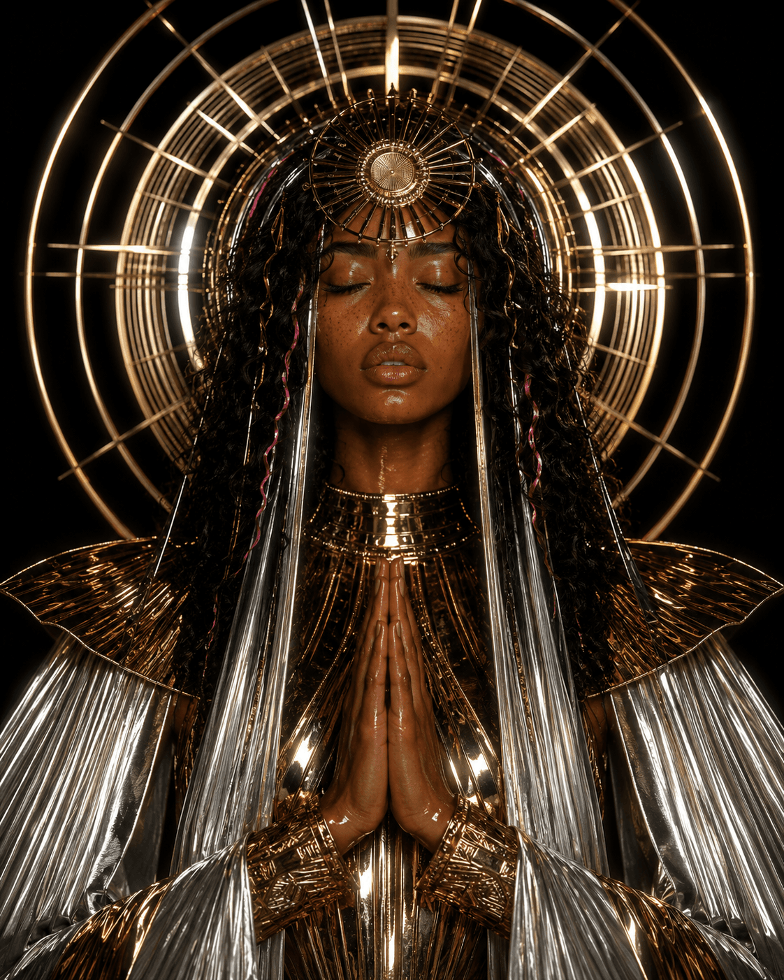 AI generated: frontal portrait of a stylized angelic figure with closed eyes and hands pressed in prayer, adorned ...