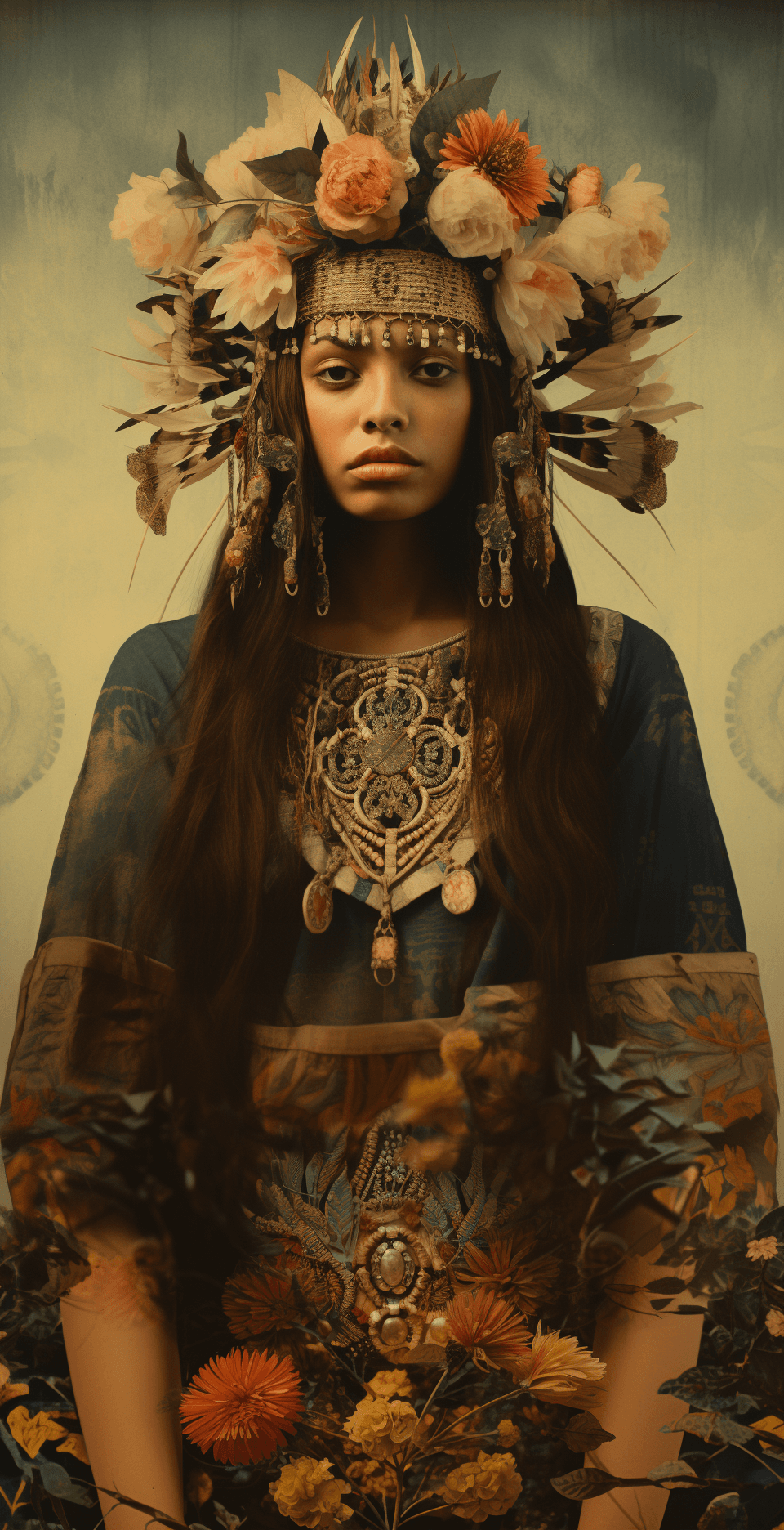 AI generated: A woman in the style of "Karencore", wearing an ornate headdress, holding wildflowers and dressed in...
