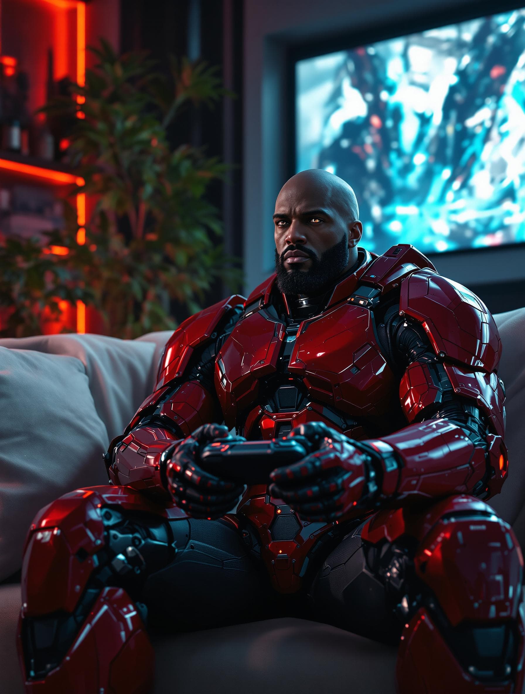 AI generated: A heavier set cyborg soldier sittin in his futuristic apartment on the couch playing a gaming consol...