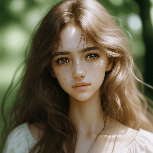 AI generated: Detailed and realistic portrait of a woman, brown round eyes and long messy hair shot in a park, wea...