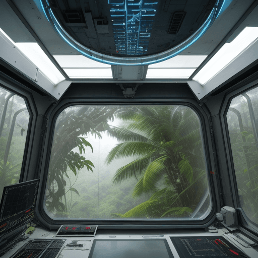 AI generated: a view out of a modern window with futuristic equipment into the jungle which is inside a space stat...
