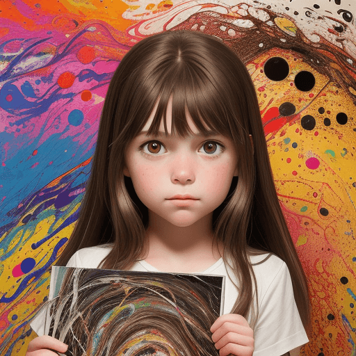 AI generated: 9 year old girl with long brown hair no bangs, brown eyes, who is like a jackson pollock making abst...