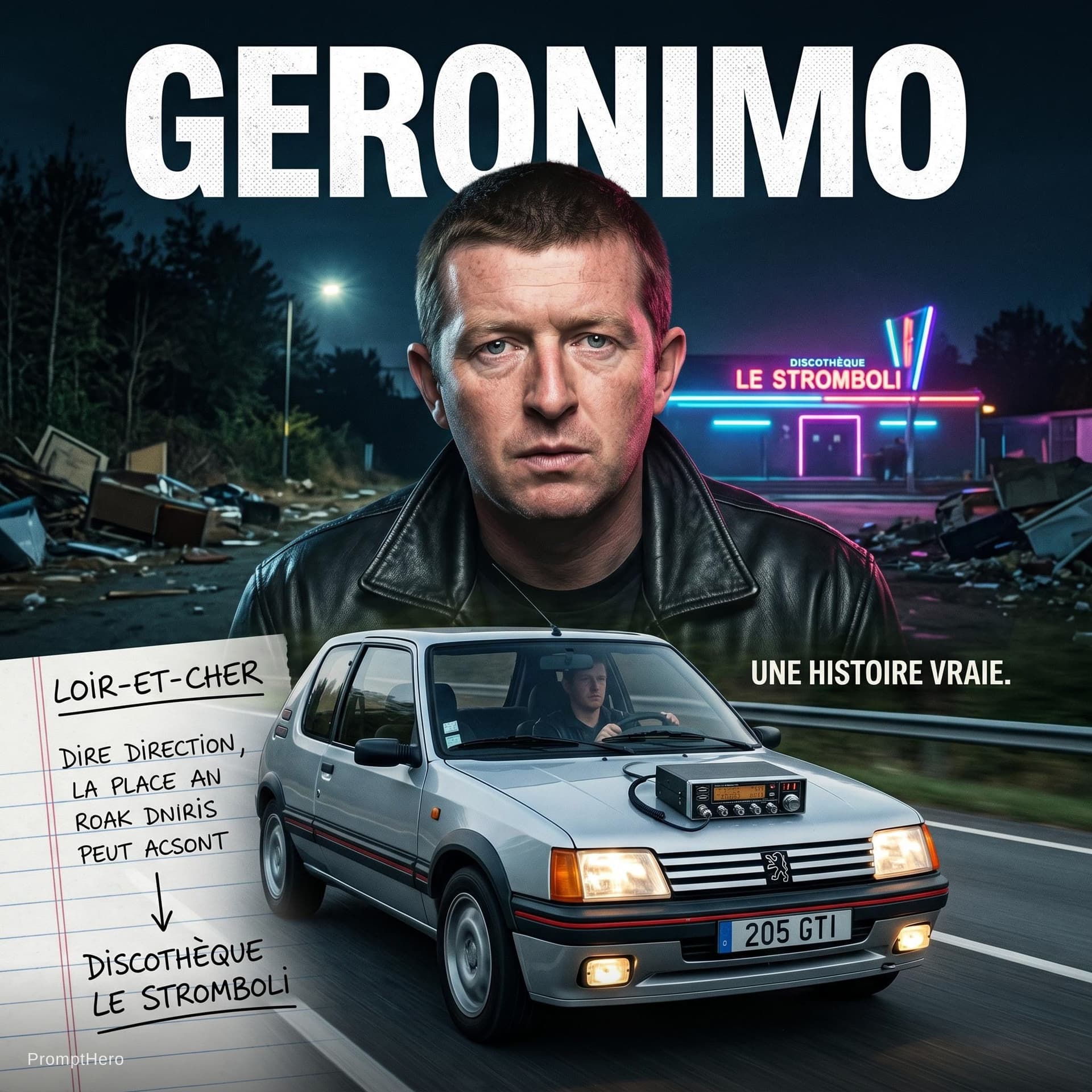AI generated: Une affiche de cinéma notifié Geronimo avec une 205 GTI grise claire une cibi et une note sur le loi...