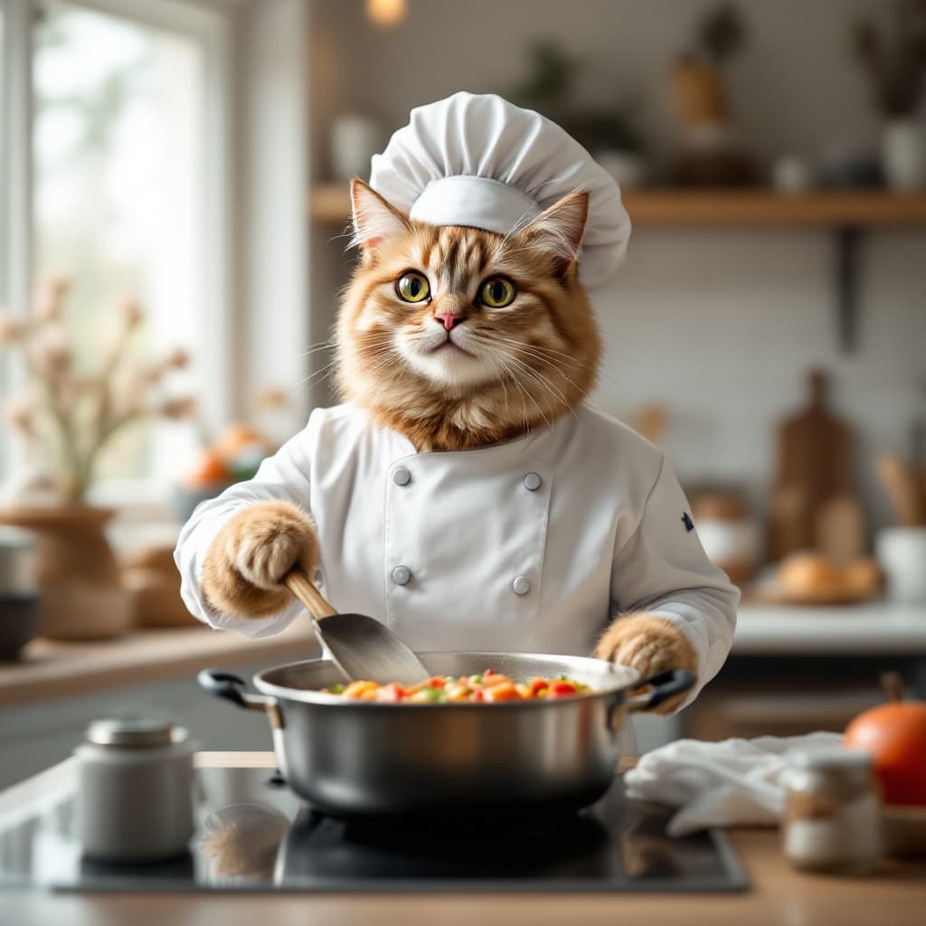 AI generated: In the bright Nordic kitchen scene, a real adult anthropomorphic cat wearing a clean and tidy chef u...