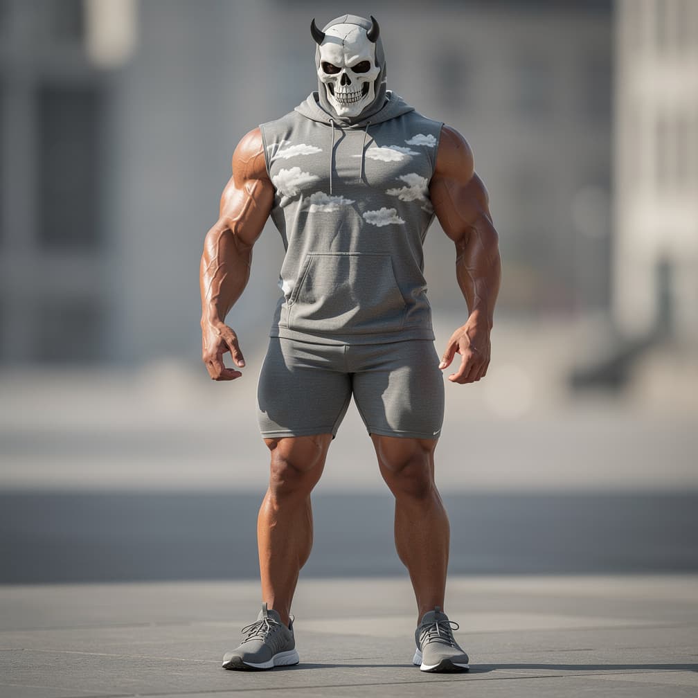 AI generated: A big muscular man wearing grey short shorts and a grey short with no sleeves and a hood  plus a gre...