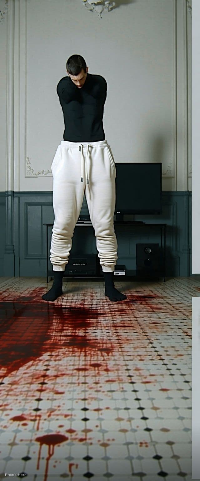 AI generated: Change floor tiles color to dark blood red. Remove his slippers and make him wear just his black soc...