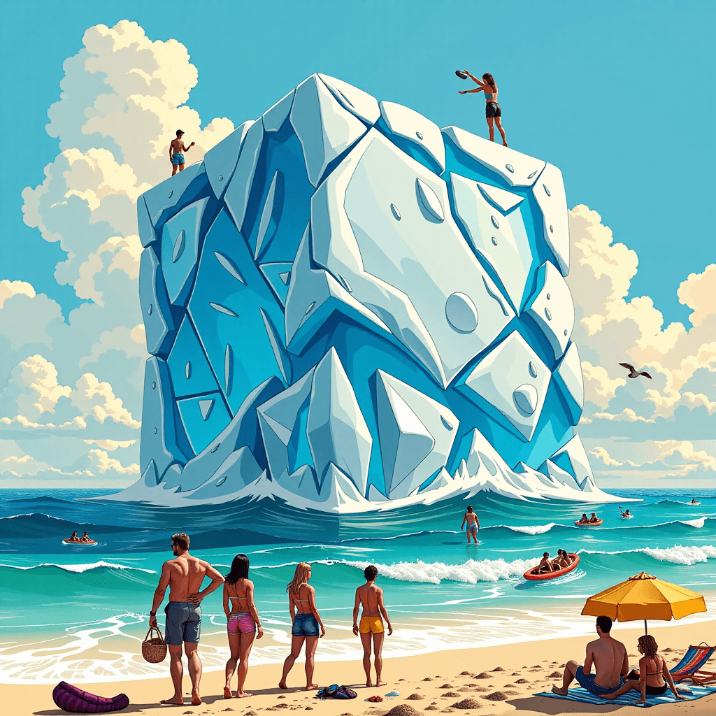 AI generated: A gigantic, translucent ice cube floats majestically in the sparkling ocean, providing a truly surre...