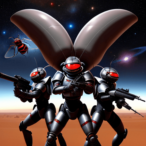 AI generated: army group, alien ant army group with silver armor invasion the planet, gunfire with red ant group, ...