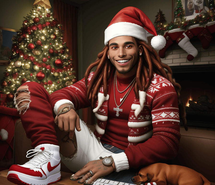 AI generated: Colored brown man smile white teeth with vibrant red dreadlocks, a red ugly sweater with a Christmas...