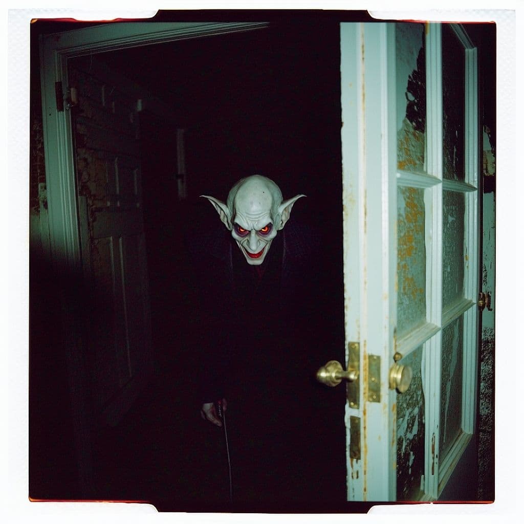 AI generated: grainy 80's photograph quality polaroid of uncanny, real life, 
nosferatu caught in an abandoned hou...