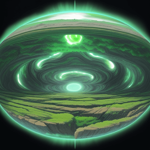 AI generated: High resolution picture in anime style, a surreal landscape within a specialized barrier, a jade-hue...
