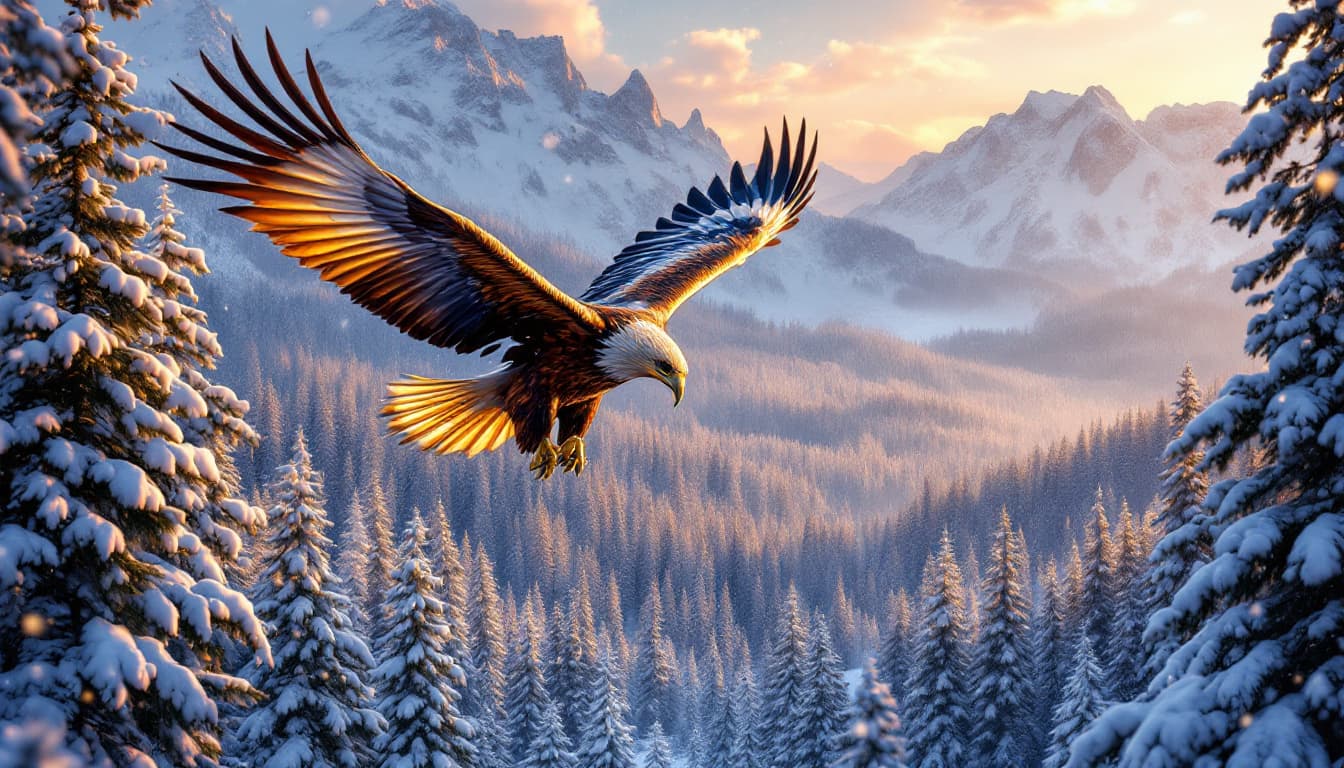 AI generated: A golden eagle (Aquila chrysaetos) soaring above a vast, snow-covered coniferous forest. The perspec...