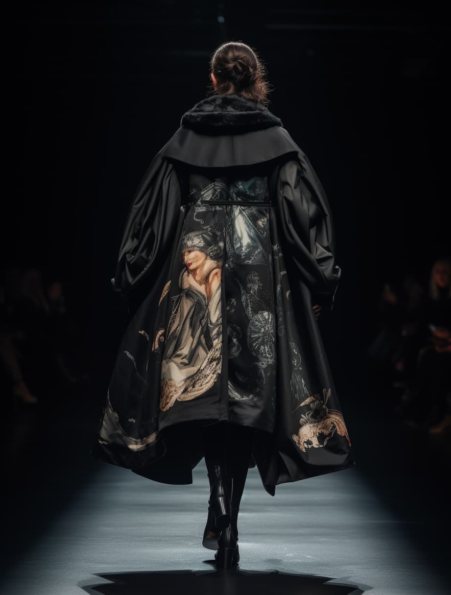 AI generated: a woman walking down a runway wearing a black coat, a photo, by Emma Andijewska, baroque, clippings ...