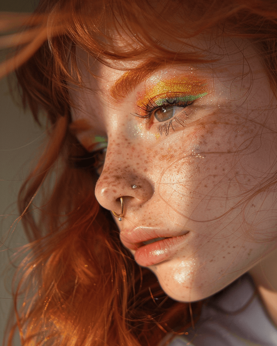 AI generated: photo of woman with red hair, rainbow eyeshadow and nose ring wearing boho in the style of Egyptian ...