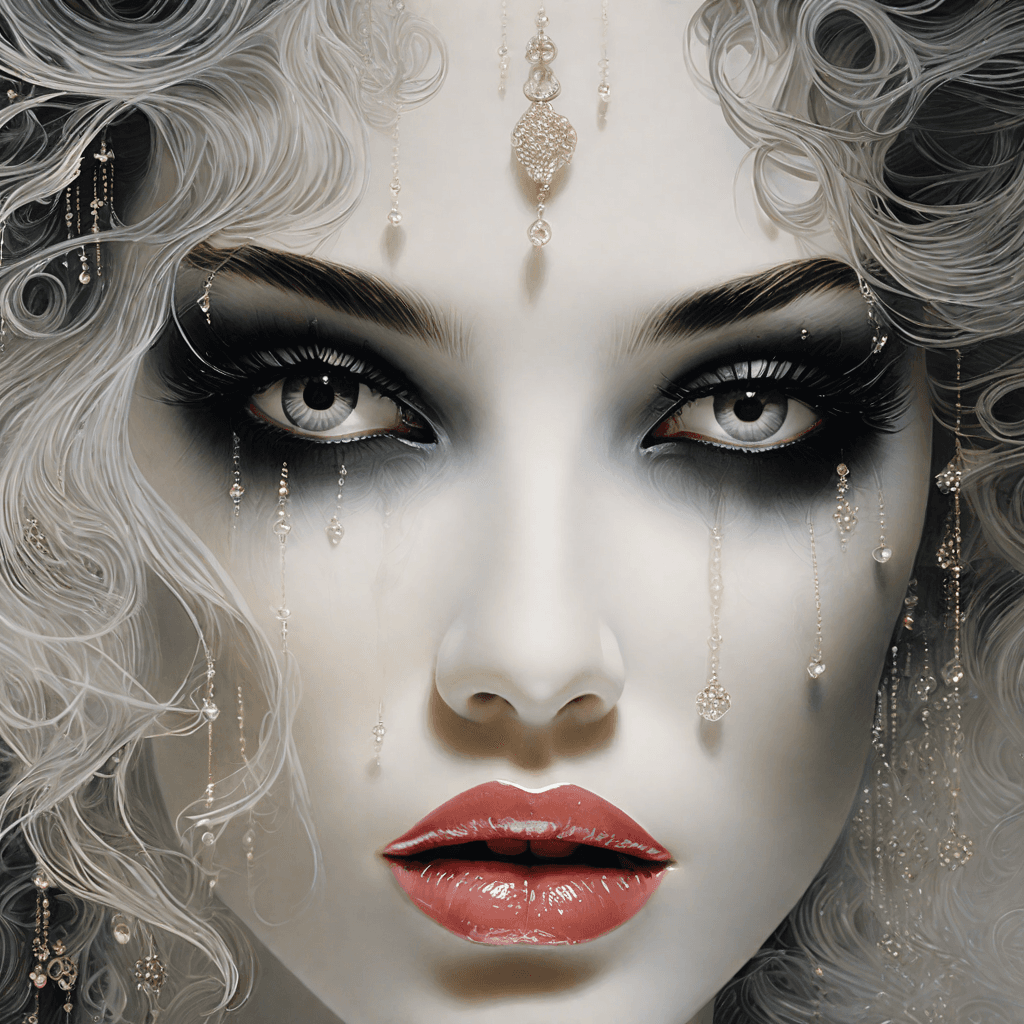 AI generated: close up  portrait of a beautiful crystalline woman, tattoos, blood splatter, style by Thomas Kinkad...