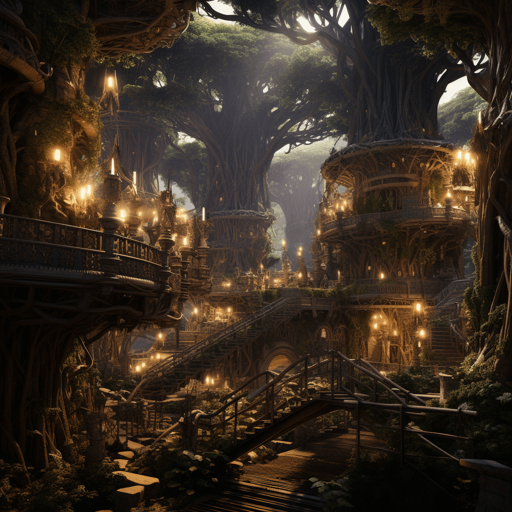 AI generated: a forest with trees, in the style of fantasy characters, 32k uhd, floating structures, contrasting l...