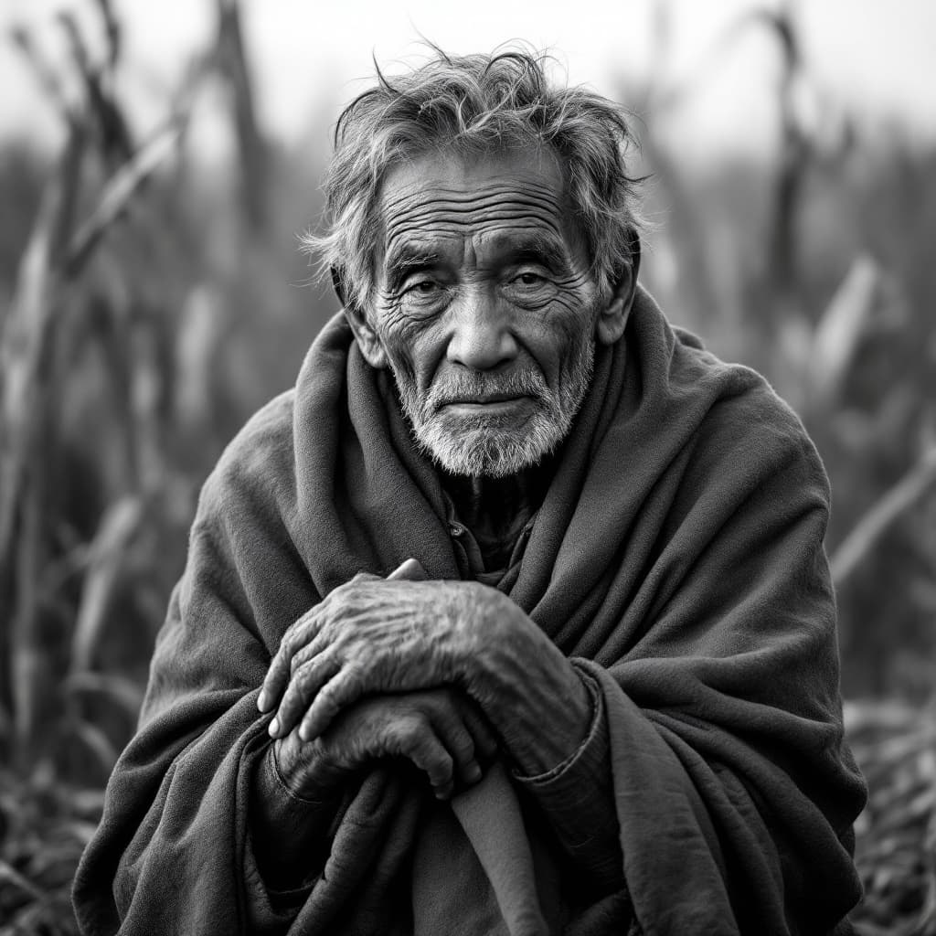 AI generated: In a black-and-white, high-contrast portrait, capture a Filipino elderly farmer man with a weathered...