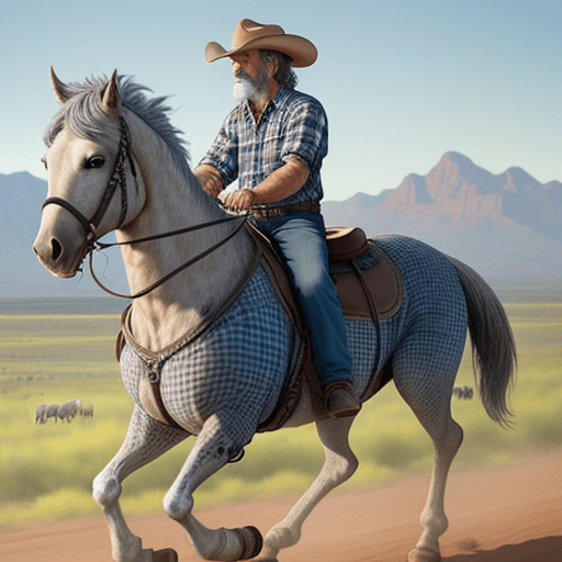 AI generated: Grizzled rancher in profile wearing blue plaid shirt riding an appaloosa horse in front of an Arizon...