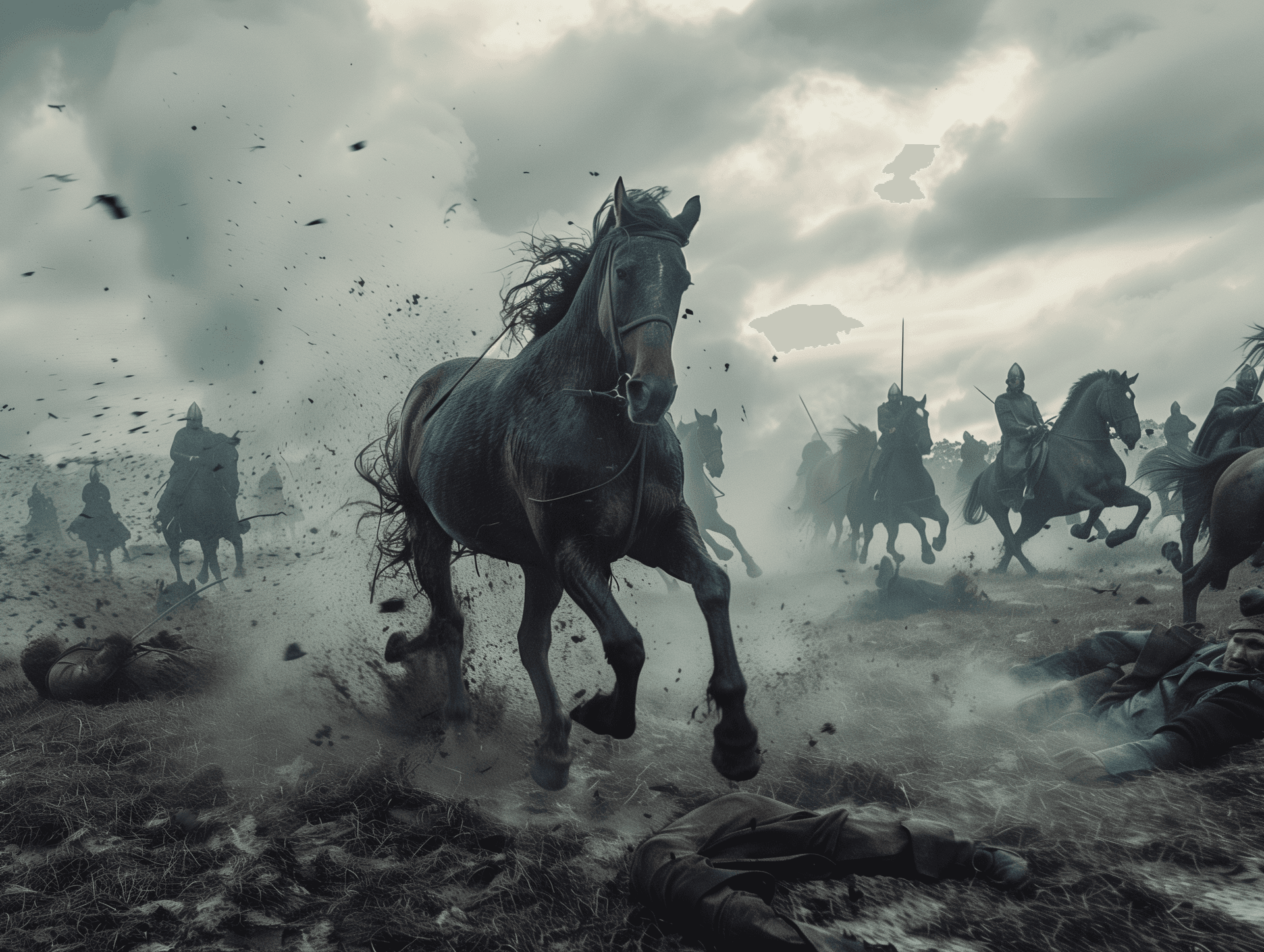 AI generated: epic cinematic shot. horses galloping on a battlefield, their hooves creating tremors on the ground,...