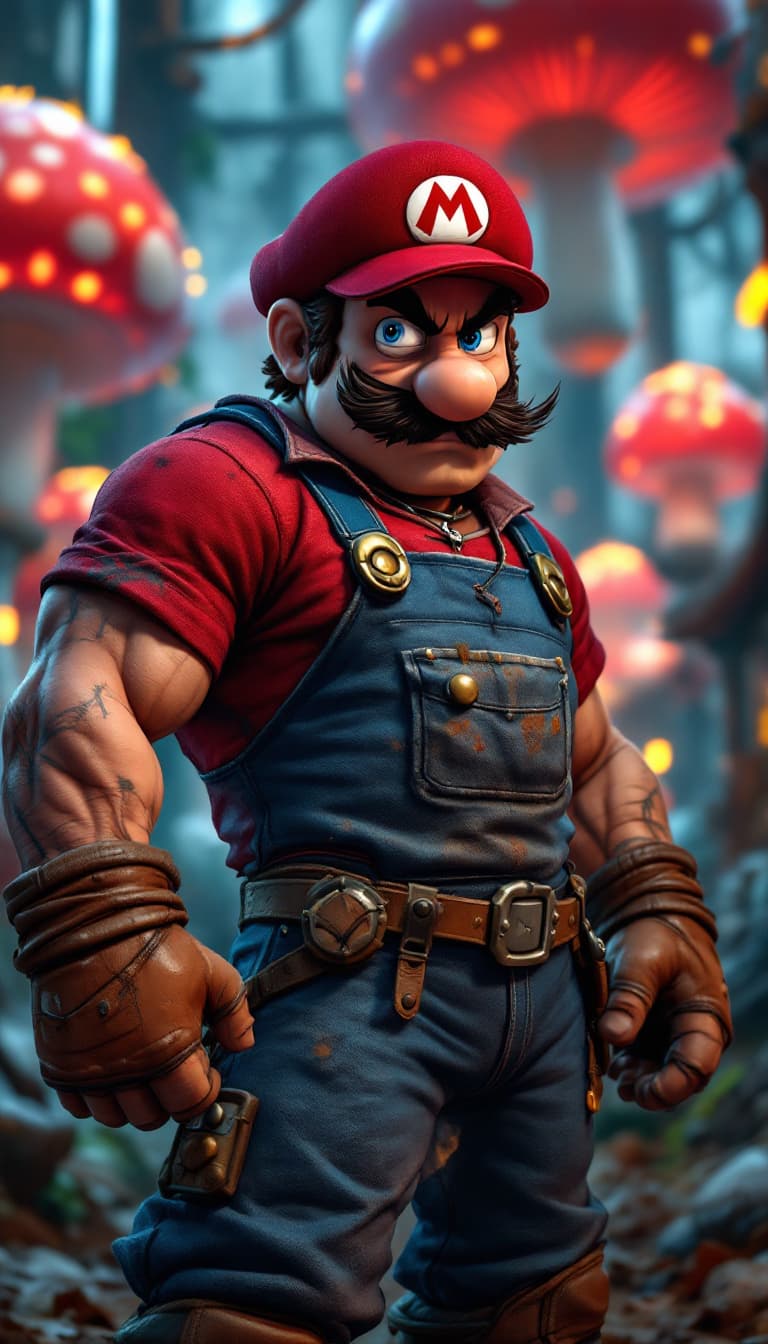 AI generated: A realistic humanoid version of Mario from the Mario Bros universe, depicted as a rugged, middle-age...