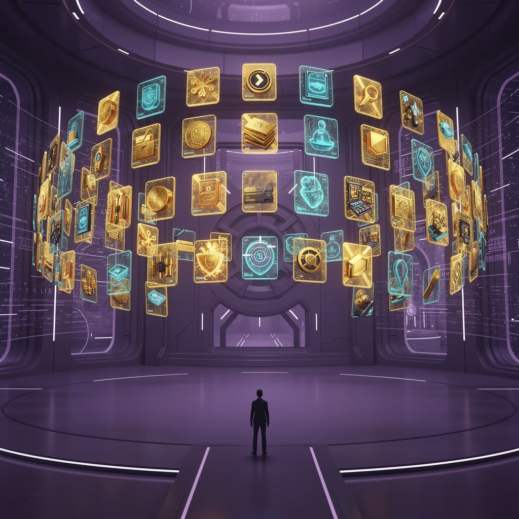 AI generated: elegant digital vault interior with floating holographic asset cards 
in arc formation, golden #FFB8...