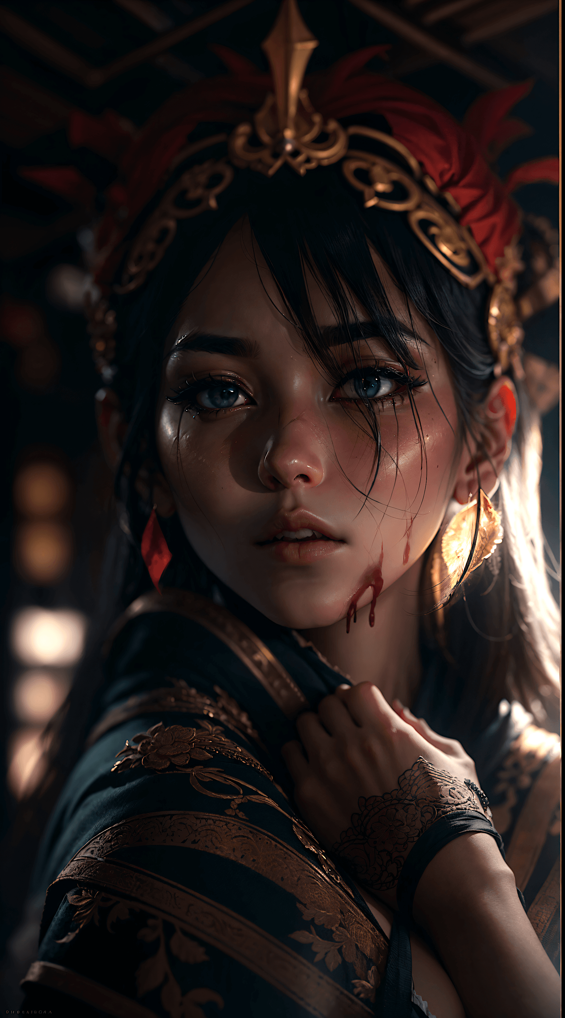 AI generated: A gorgeous portrait of an Asian woman who has lost everything. Her pain is shown with intricate deta...