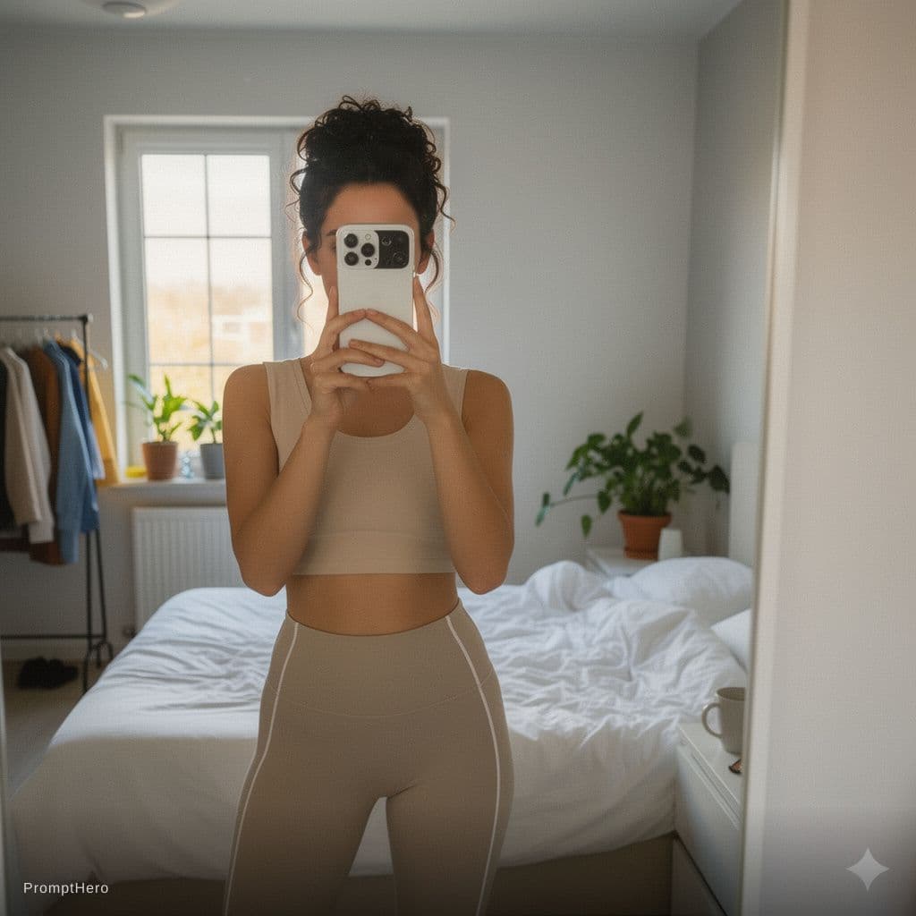 AI generated: Ultra photoréaliste mirror selfie pris avec iPhone, 
jeune femme naturelle et authentique style life...