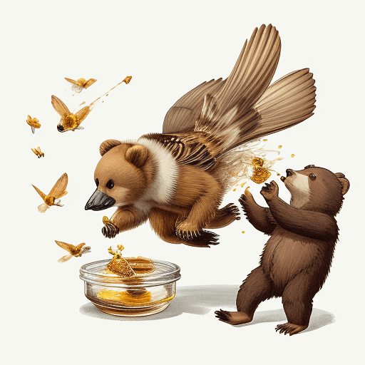 AI generated: illustration of little sparrow catching honey eating bear