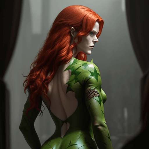 AI generated: Rose Leslie dressed as the villain Poison Ivy, shown from behind.
