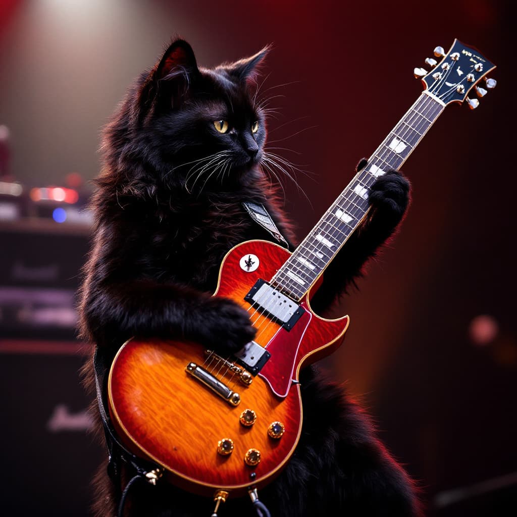 AI generated: Real photograph of a black cat playing an electric guitar, the cat looks like a rocker, it is on a r...