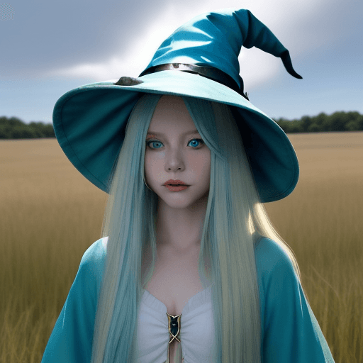 AI generated:  blonde hair with blue tips, long hair, blue eyes, witch hat, hair between eyes, in a plains field, ...
