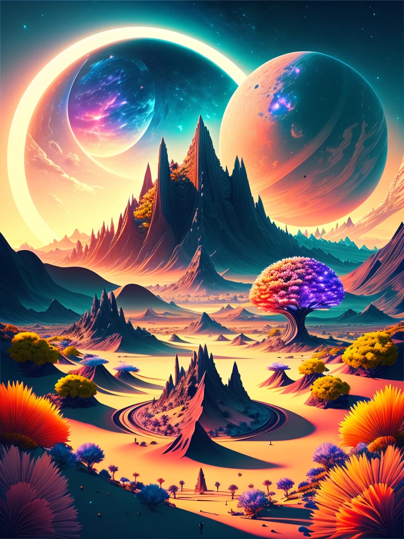 AI generated: Breathlessly beautiful landscape, mix of futuristic and medieval style on an alien planet, ultra-rea...