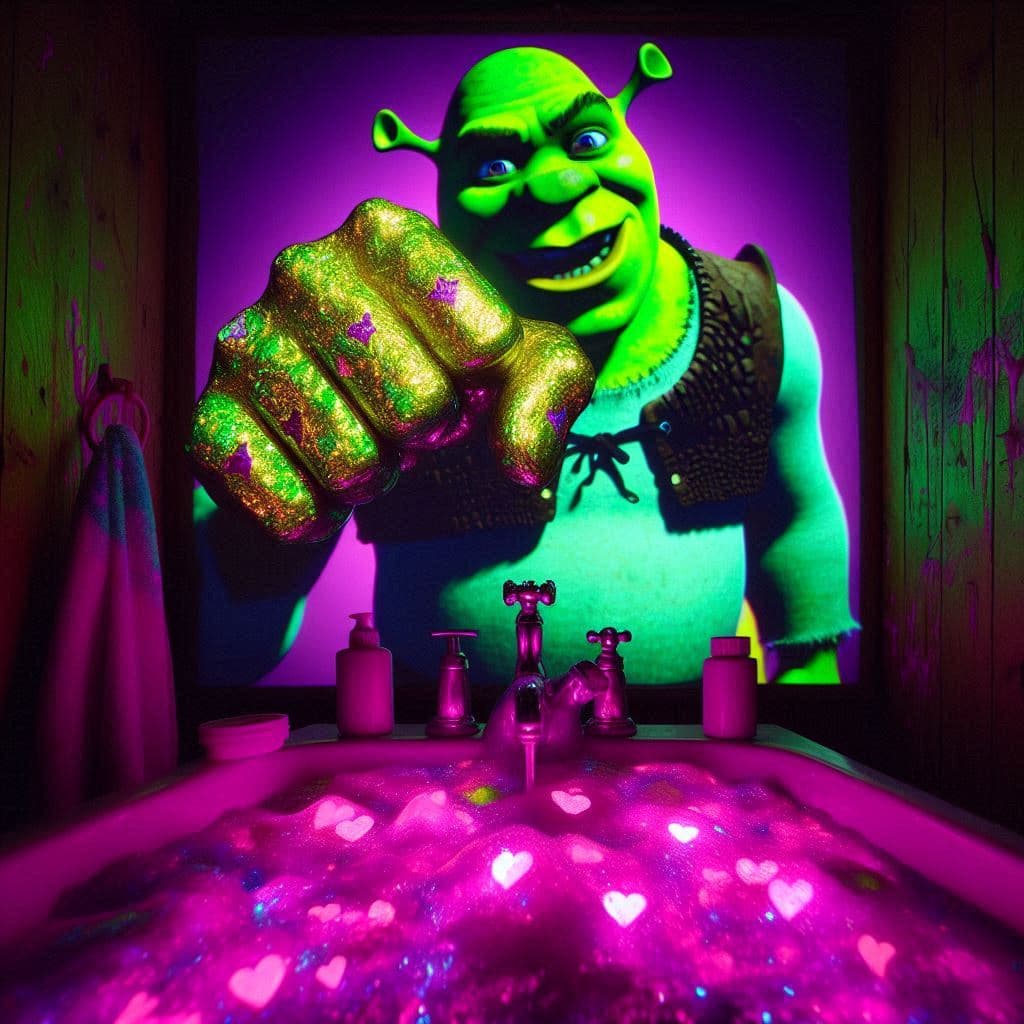 AI generated: vista despaldas, Shrek proyectado haciendo cosas extrañas y sin sentido dentro de un baño casero, de...
