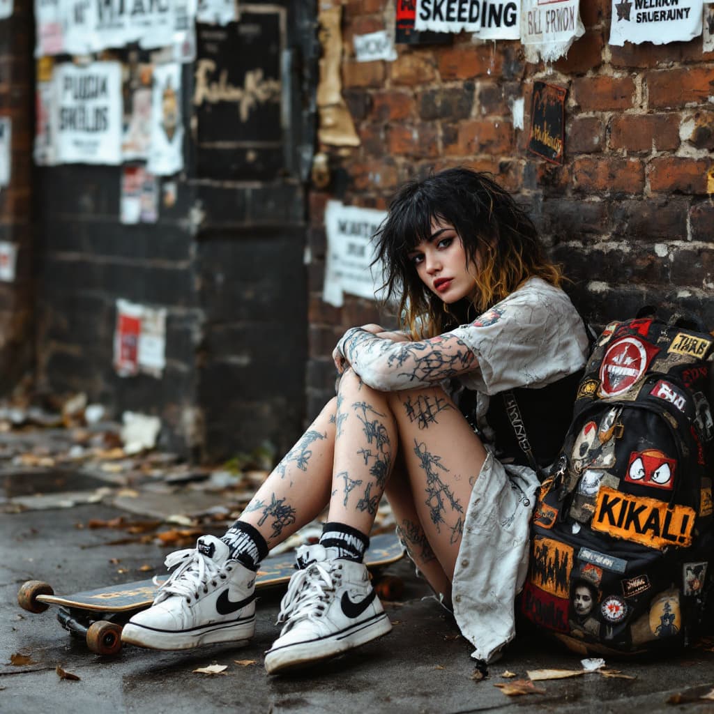 AI generated: london punk female , wearing skateshoes , sitting on ground with back against wall, a pro skateboard...