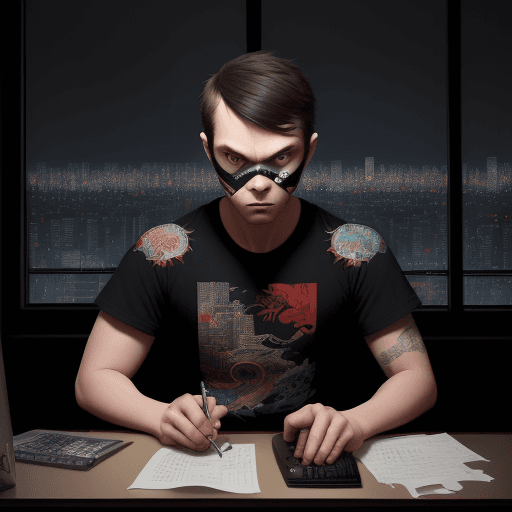 AI generated: a guy is sitting at a computer in a dark room, light falls from the window and you can see a big cit...