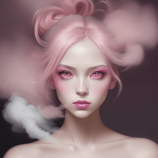 AI generated: portrait of a woman covered in cloud of smoke, whirlwind, pink highlight colors, pink make-up, hints...