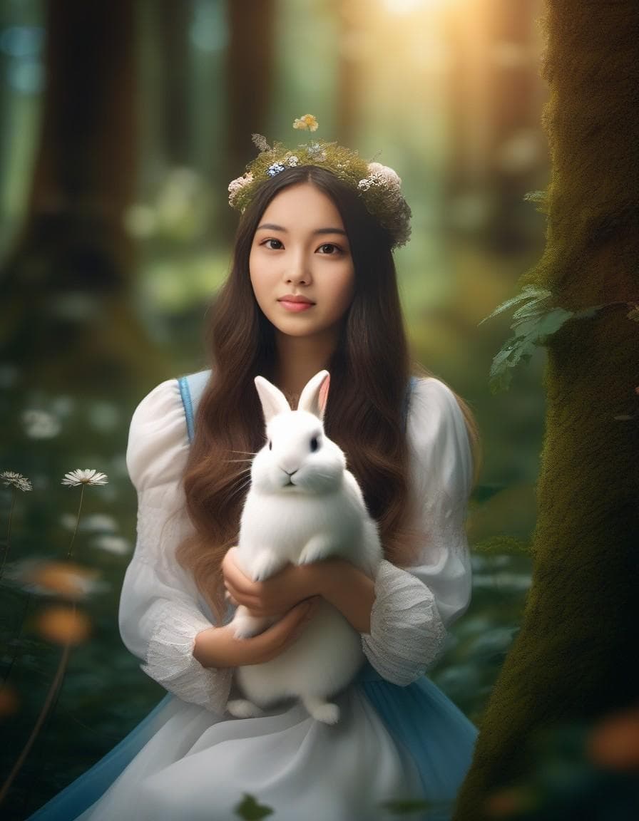 AI generated: ((portrait of young girl playing with a white bunny)), (best friends for life), (Alice In Wonderland...