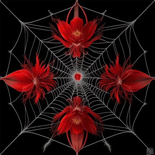 AI generated:  three spiders sit on a spider lily and weave a web, an image in the style of a tattoo sketch in bla...