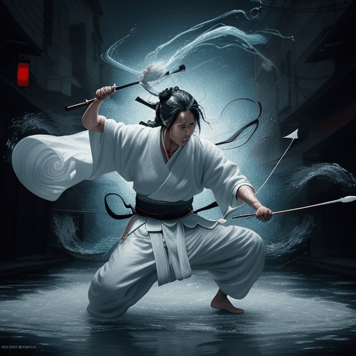 AI generated: a samurai dressed in white linen is depicted in an action pose, swirling water with an arrow symbol ...