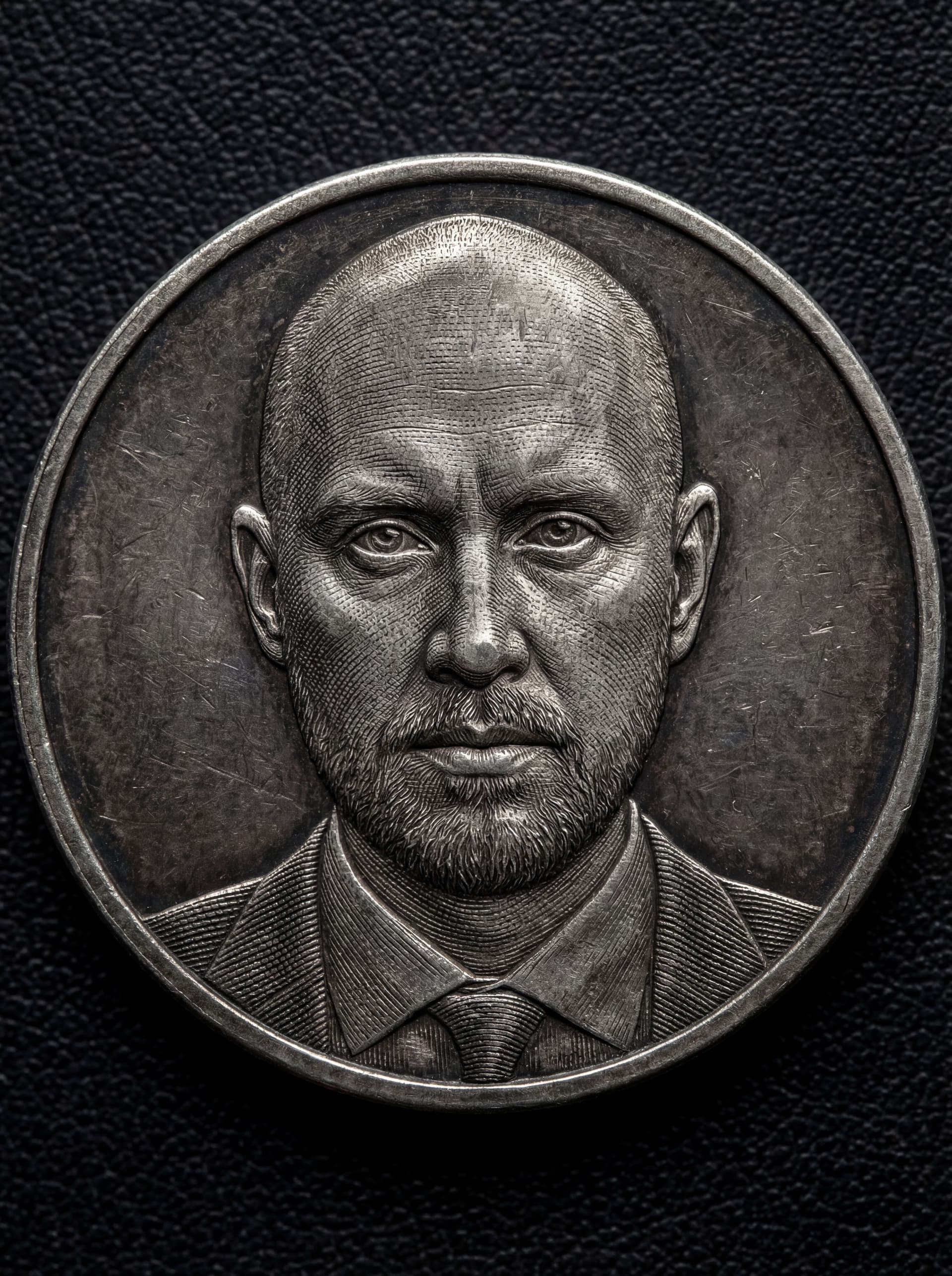 AI generated: a highly detailed engraved coin featuring a realistic portrait of a man, classical numismatic style,...