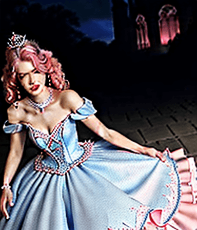 AI generated: pink ball gown ruffle dress, running down in a castle while holding the dress, pink heels detailed i...