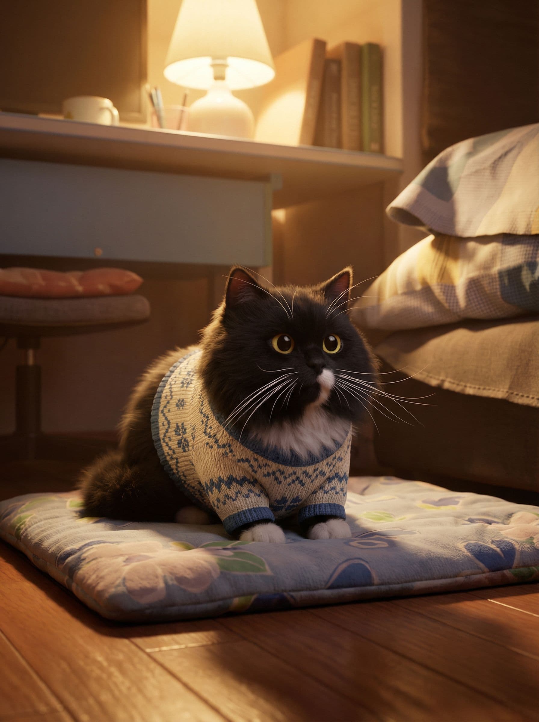 AI generated: cute [cat/criature] on[ location], [clothes], full body, [lightning], concept art, ue5, 3d rendering...