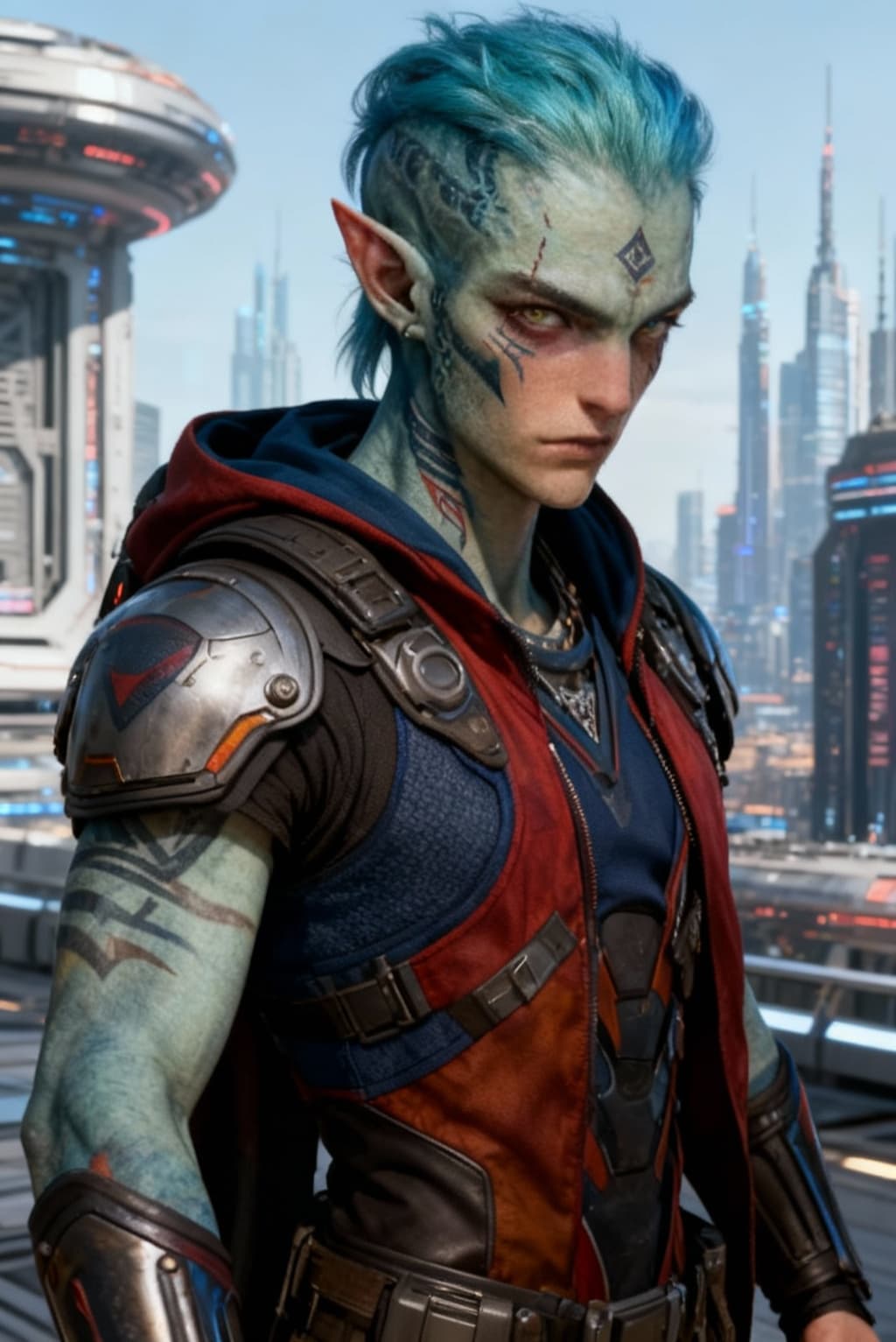 AI generated: Create a new species from this original. Alter with Sci-Fi cityscape backdrop, pose the character na...