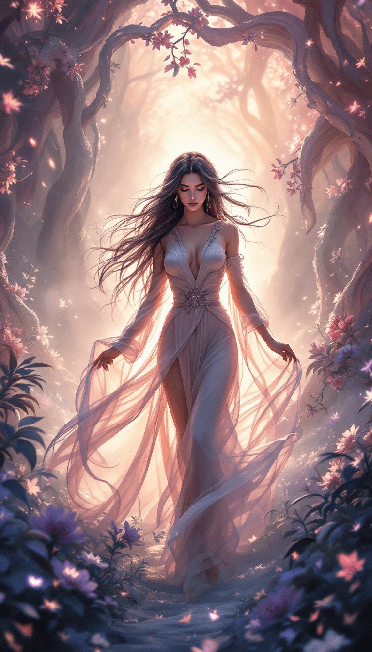 AI generated: A stunning, full-body portrait of Ahri wandering alone through a softly glowing, dreamlike environme...