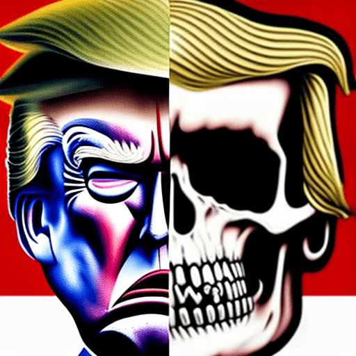 AI generated: image of donald trump with a vicious expression with his face stretched over the surface of a skull ...