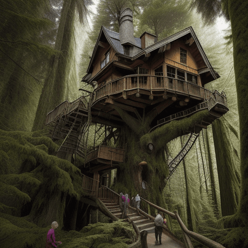 AI generated: treehouse in a mountain landscape with old growth forest, Pacific Northwest or United States, people...